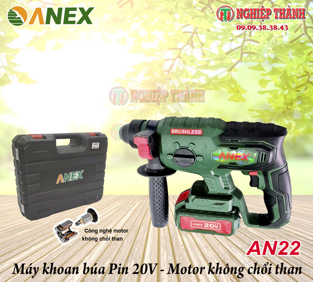 Máy khoan búa pin 20v anex an22 - máy khoan bê tông 3 chức năng, motor không chổi than, kèm 2 pin