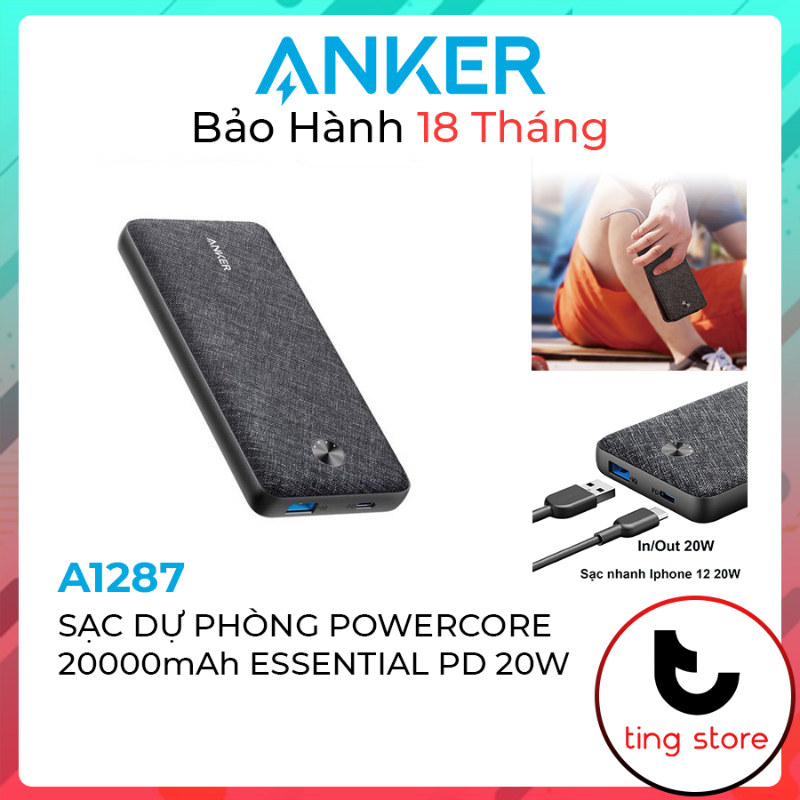 Pin sạc dự phòng anker powercore essential 20000mah power delivery 20w metro bọc vải fabric - mã a1287