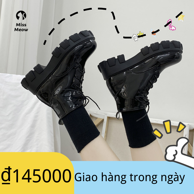 Miss meow Giày Bốt Martin Gót Vuông Dày Phong Cách Hàn Quốc Cho Nữ
