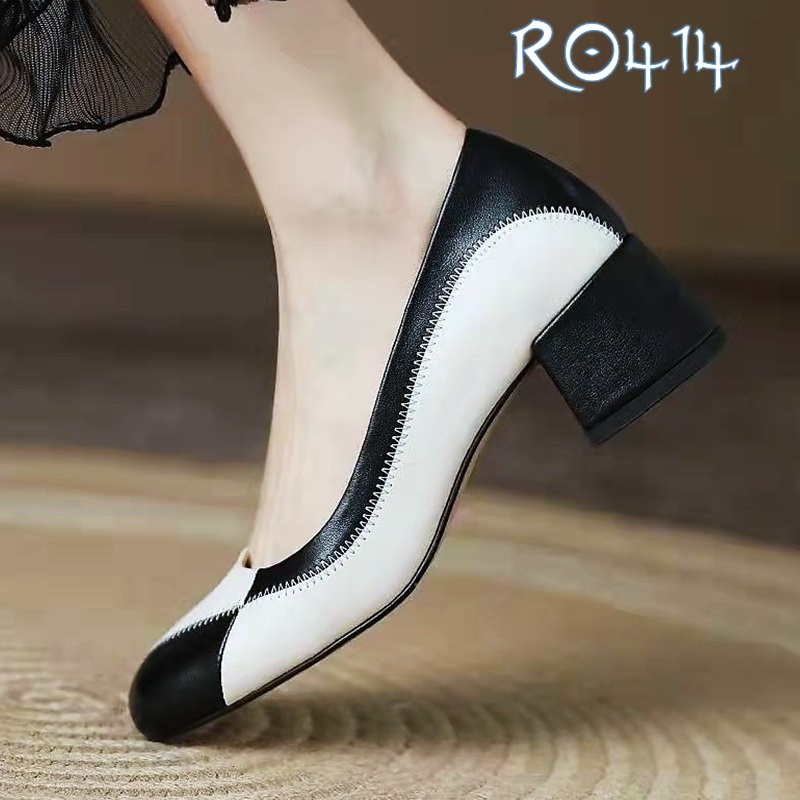 Giày búp bê nữ 4cm giày cao gót nữ đế vuông giày nữ hàng hiệu Rosata mũi bầu phối màu RO414