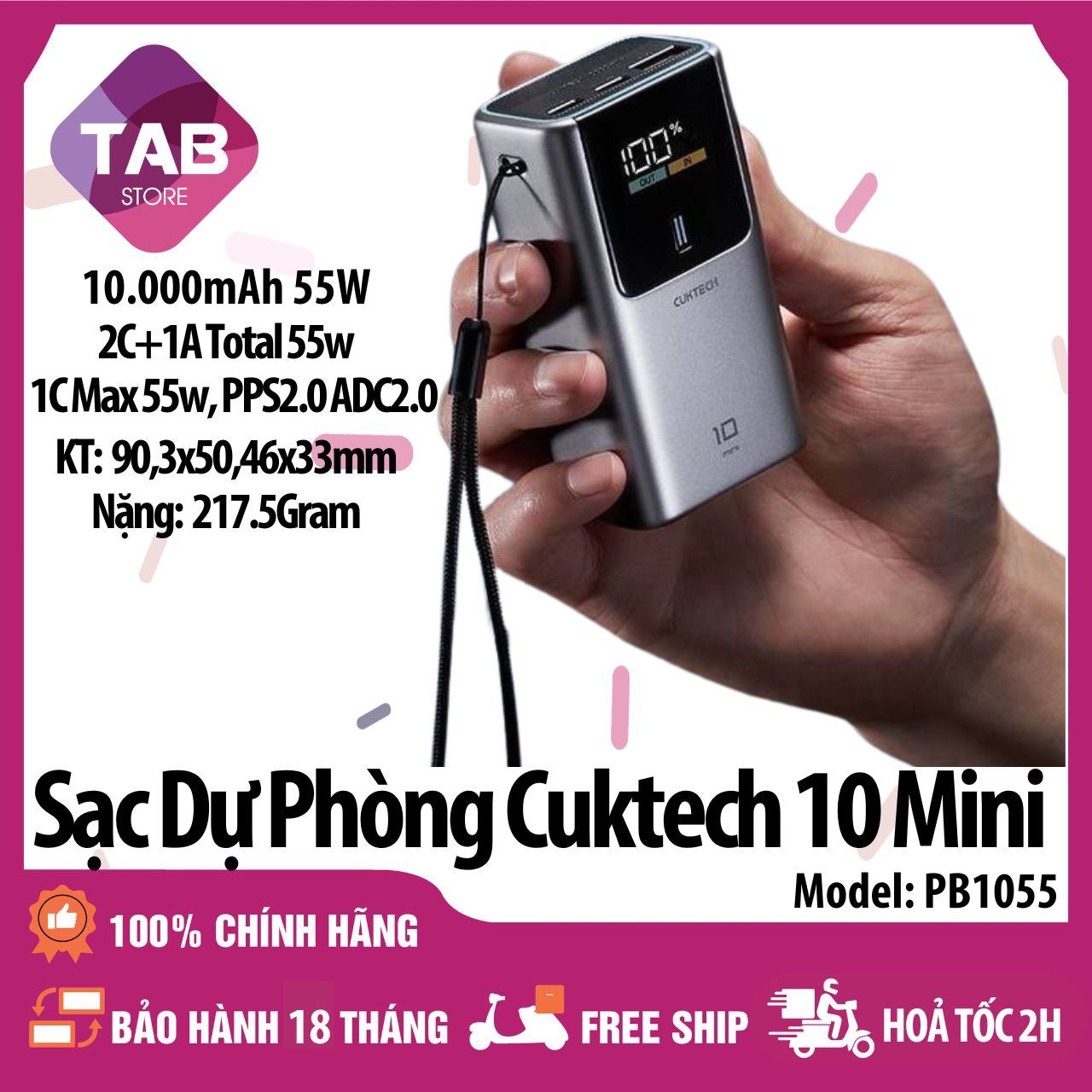 Sạc Dự Phòng Cuktech 10 Mini 10000mAh 2C1A 55W PPS5A ADC2.0 PB1055 - Bảo Hành 18 Tháng