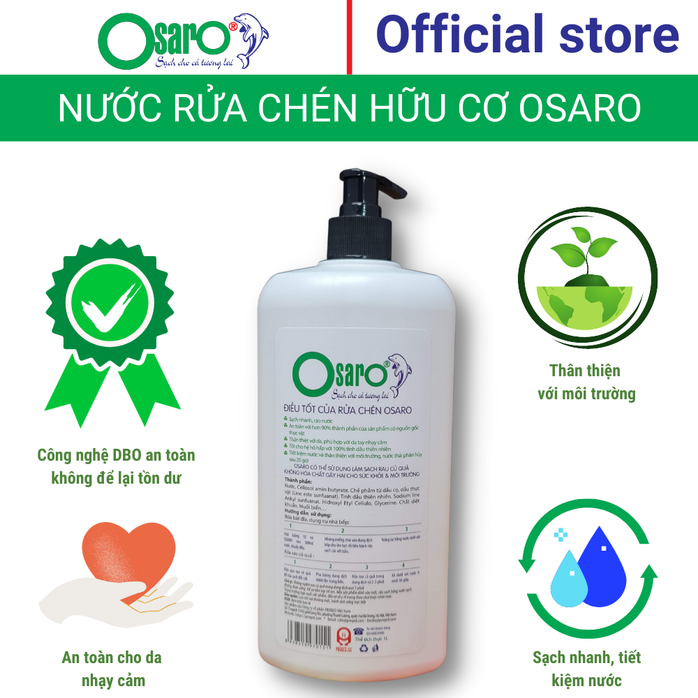 Nước rửa chén hữu cơ OSARO 1l sả chanh