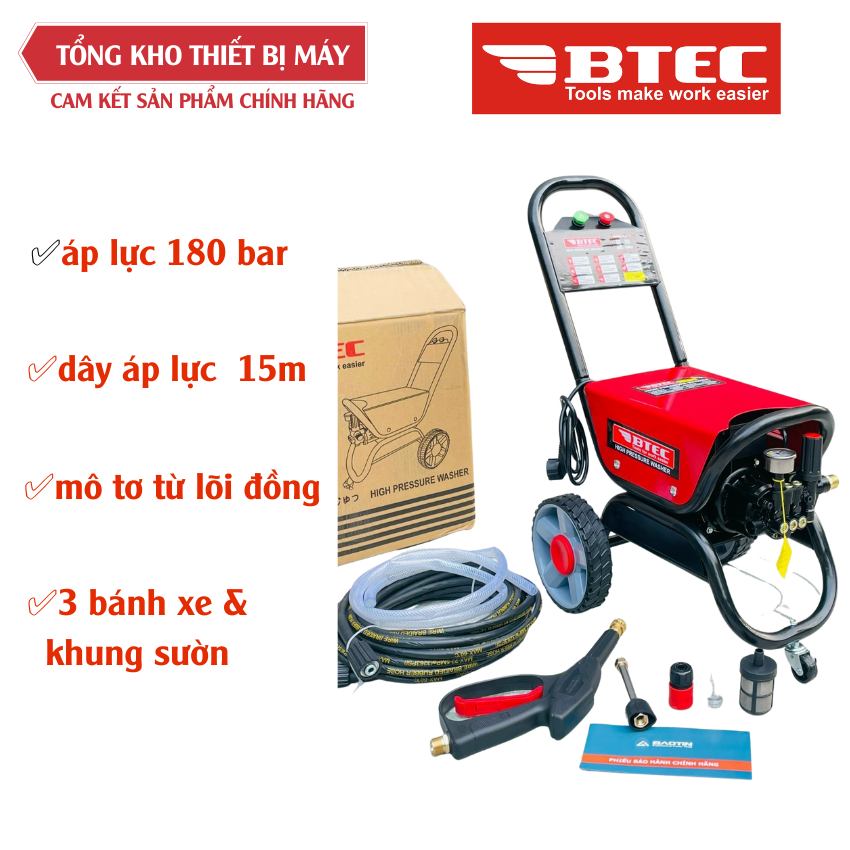 Máy rửa xe chỉnh áp btec bt3700st công suất 3700w rửa công nghiệp lực nước siêu mạnh dây áp lực 15m bảo hành 12 tháng