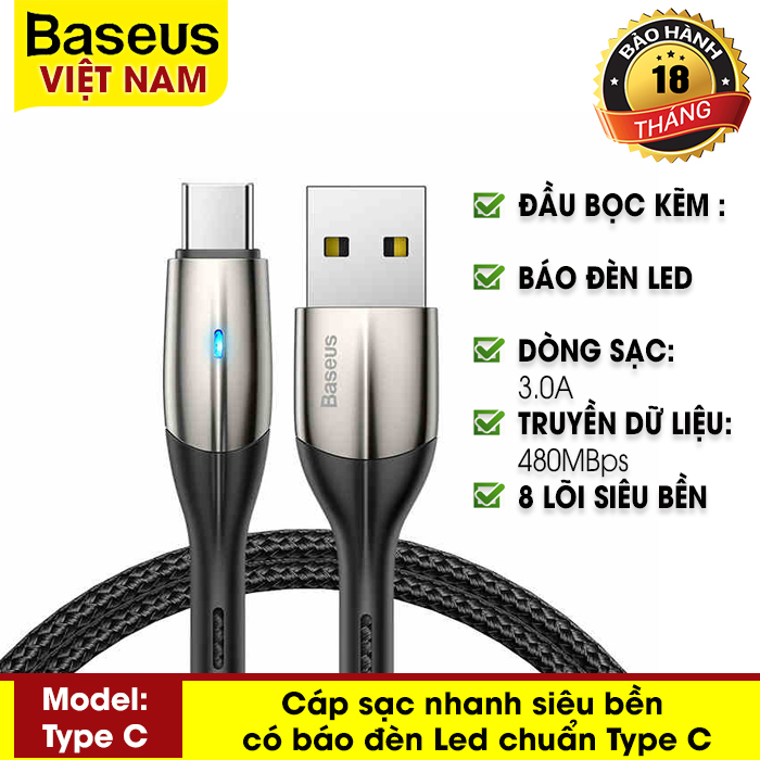 Cáp sạc và truyền dữ liệu Baseus Horizontal Data Cable có đèn LED kết nối Type-C sạc nhanh cho Samsung Huawei Xiaomi