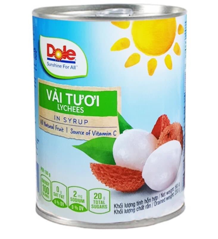 Vải ngâm đóng lon dole hộp 565g date 28/06/2023