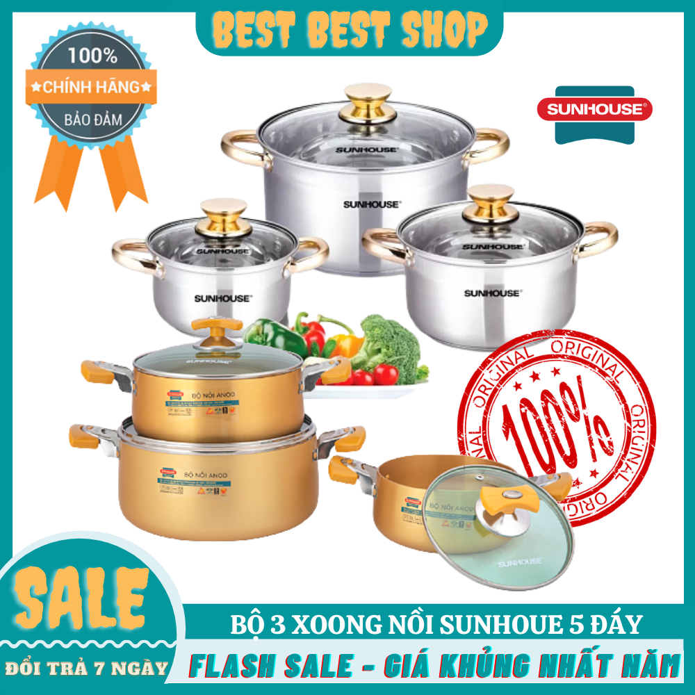 Bộ 3 nồi inox 5 đáy sunhouse sh781 chính hãng ,nồi inox 5 đáy, bo noi inox sunhouse 5 day