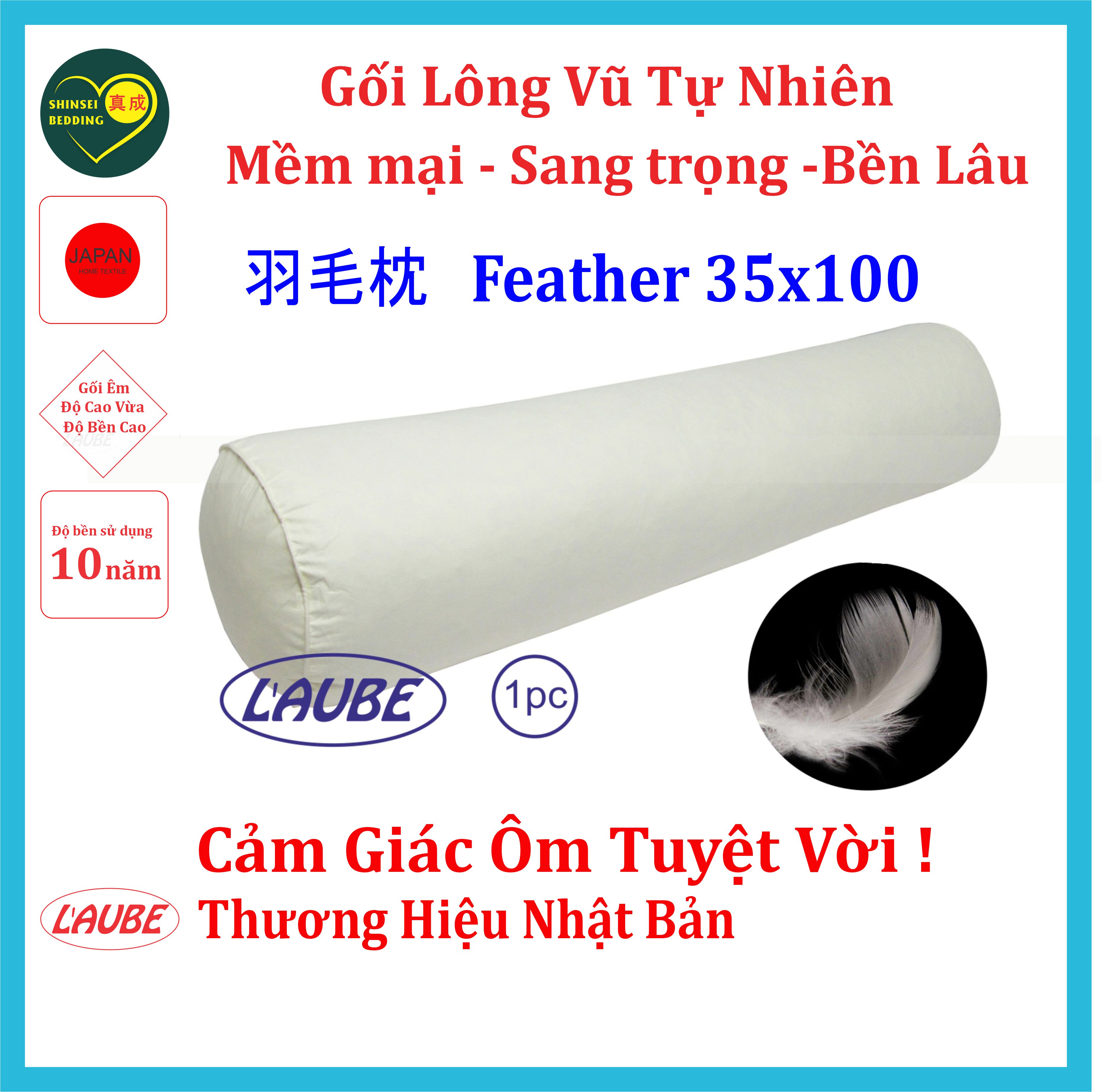 Gối ôm lông vũ tự nhiên 35x100cm Feather Laube thương hiệu Nhật Bản