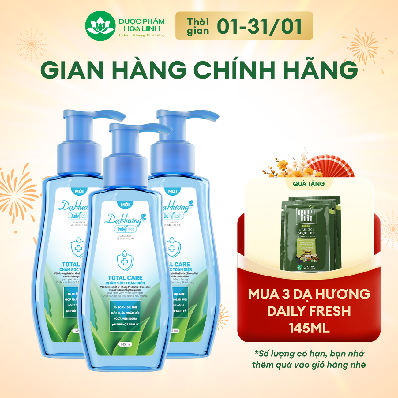  Combo 3 chai dung dịch vệ sinh Dạ Hương Daily Fresh Total Care 145ml - Giúp CHĂM SÓC TOÀN DIỆN 