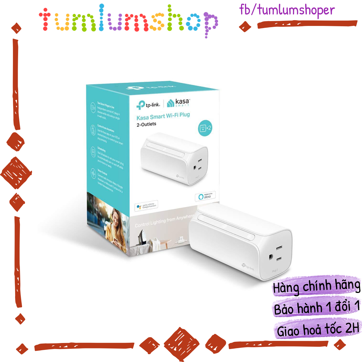 Ổ cắm điện thông minh kasa 2-outlet smart wi-fi plug tp-link hs107 - điều khiển từ xa - 15a