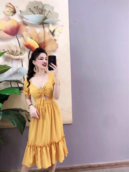 Đầm tiểu thư nữ rút dây ngực tay búp, dáng váy xòe hở eo quyến rũ