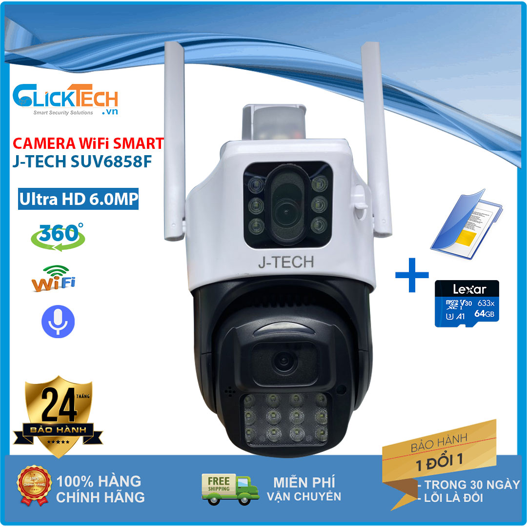 Camera 2 mắt không dây ultra hd 6.0mp wifi quay quét 360 độ ngoài trời j-tech suv6858f, camera có màu ban đêm, bảo hành 2 năm tại clicktech.vn