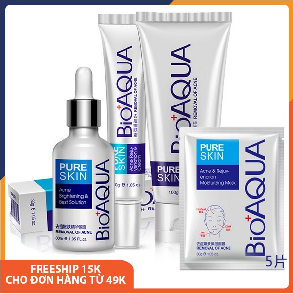 Set bộ mỹ phẩm chăm sóc da mặt giảm mụn Bioaqua 4 món: Mặt nạ+Sữa rửa mặt kiểm soát dầu, làm sạch mụn 100g+Kem dưỡng da ngăn ngừa mụn 30g+Serum 30ml làm sạch sâu, se khít lỗ chân lông, giảm mụn mờ thâm dưỡng trắng da SPU158