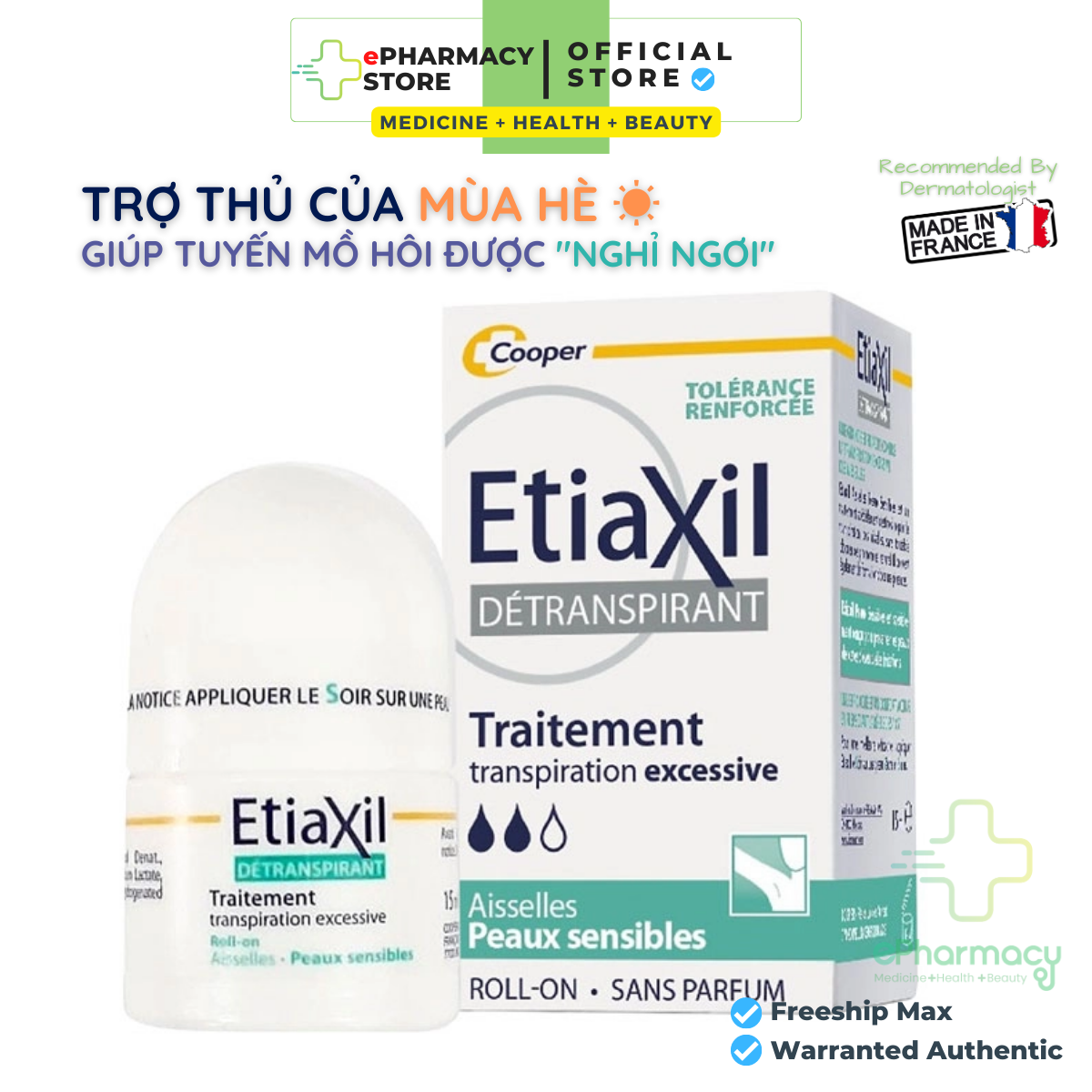 Lăn nách Etiaxil Xanh khử mùi mồ hôi cho da nhạy cảm siêu hiệu quả - Lăn khử mùi Etiaxil Pháp 15ml