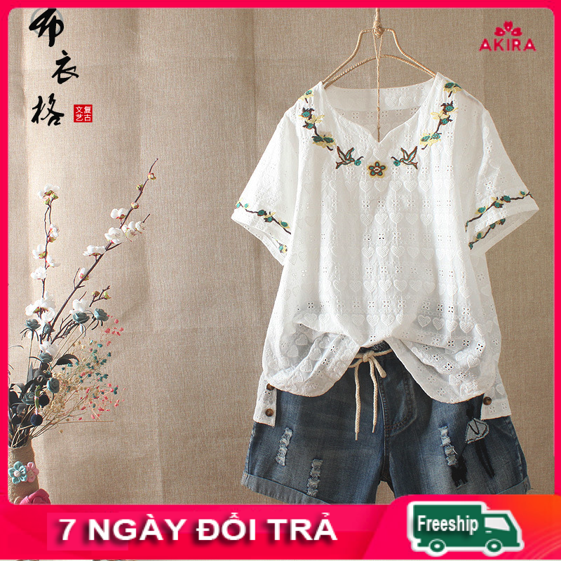 Áo xô thêu hoa cổ và tay freesize dáng suông thời trang phong cách Nhật Bản - áo trung niên nữ