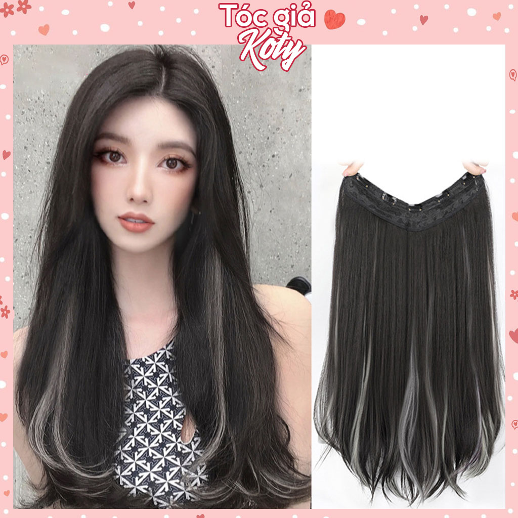 Tóc giả kẹp xoăn light xám dài đẹp cho nữ shop Koty, tóc giả nửa đầu highlight làm dày tóc tự nhiên