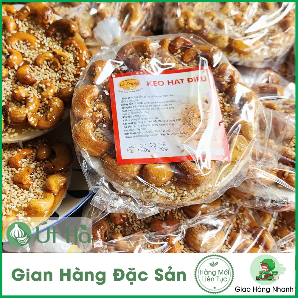 Kẹo Hạt Điều Bánh Tráng Lê Trang Gói 180g (2 Miếng) - Giòn Thơm Bùi, Cực Ngon - Út Hà Đặc Sản