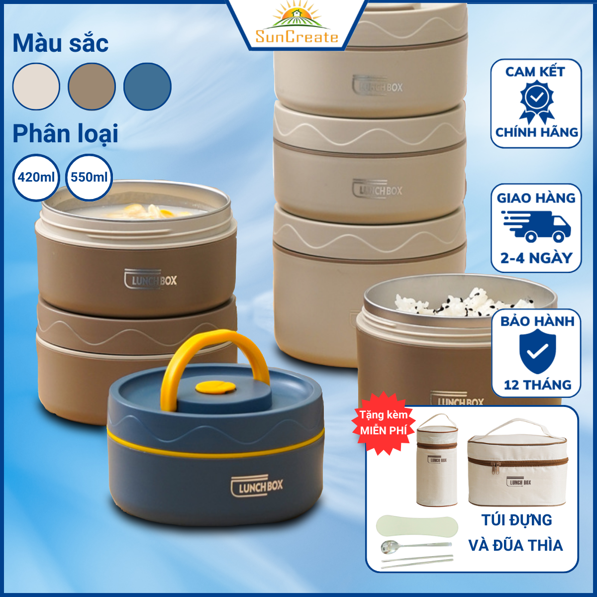 Hộp Cơm Giữ Nhiệt Tiện Lợi LunchBox KÈM TÚI ĐỰNG VÀ ĐŨA THÌA Cho Được Vào Lò Vi Sóng Thiết Kế Inox304 Cách Nhiệt Giúp Giữ Nhiệt Trong 45h LUNCHBOX