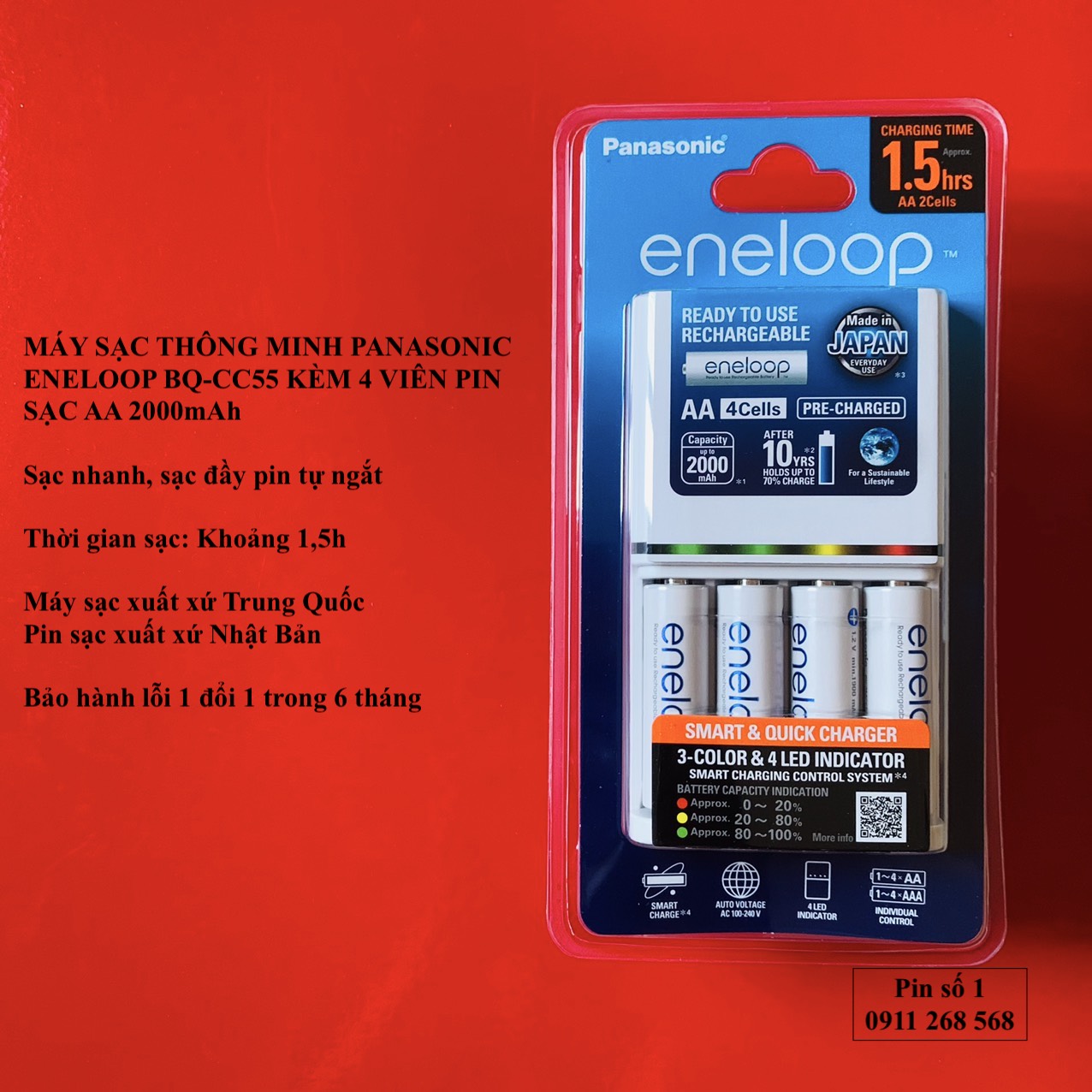 Bộ sạc pin/ máy sạc pin thông minh sạc nhanh , tự ngắt Panasonic Eneloop BQ-CC55 kèm 4 pin sạc AA 2000maH
