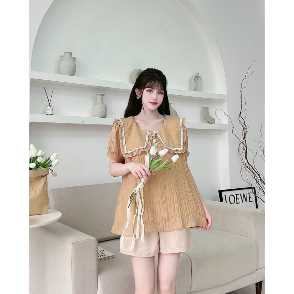 Áo bầu Sơ-mi Babydoll voan đũi Mềm Cổ Thủy Thủ
