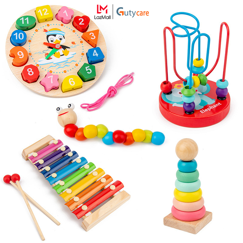 Đồ Chơi Gỗ Thông Minh Montessori, đồ chơi gỗ đàn gõ 8 thanh, Sâu gỗ, tháp xếp chồng gỗ cầu vồng, luồn hạt, đồng hồ sâu dây phát triển kĩ năng cơ bản cho trẻ từ 1 tuổi trở lên ( Khách vui lòng chọn phân loại hàng) - Guty Care