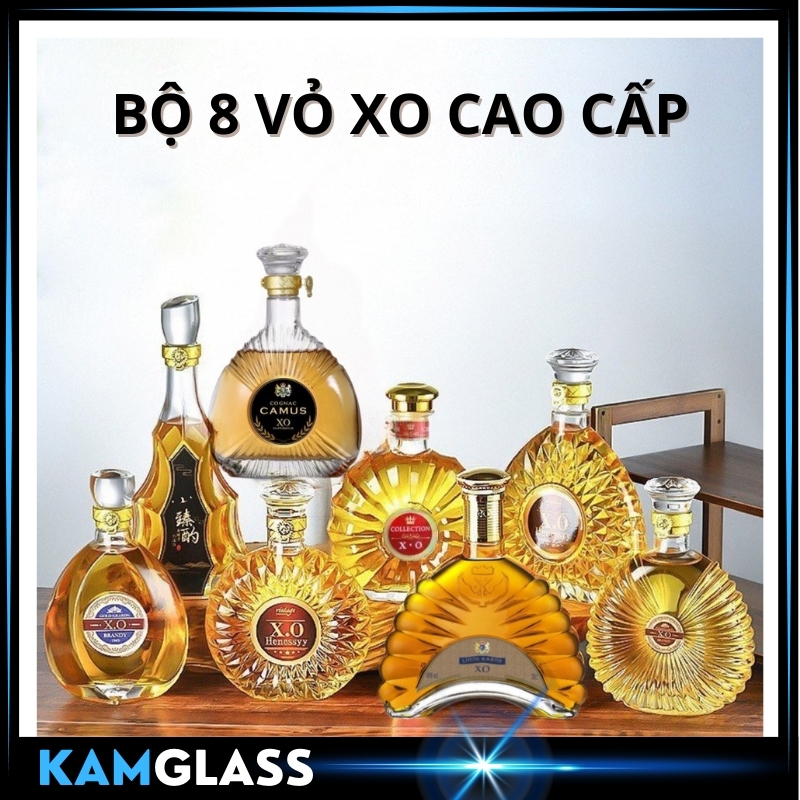 Vỏ chai rượu ngoại đẹp bộ 8 vỏ chai XO cao cấp tặng kèm tem nắp đặc nguyên khối dùng đựng rượu trưng bày tủ rượu - Kamglass