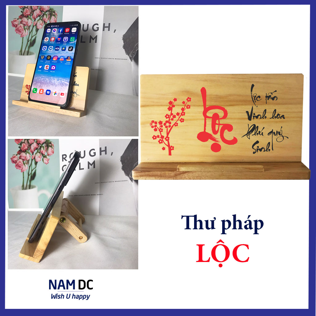 [HCM]Giá đỡ điện thoại kệ điện thoại bằng gỗ xếp được - loại thấp - thư pháp LỘC