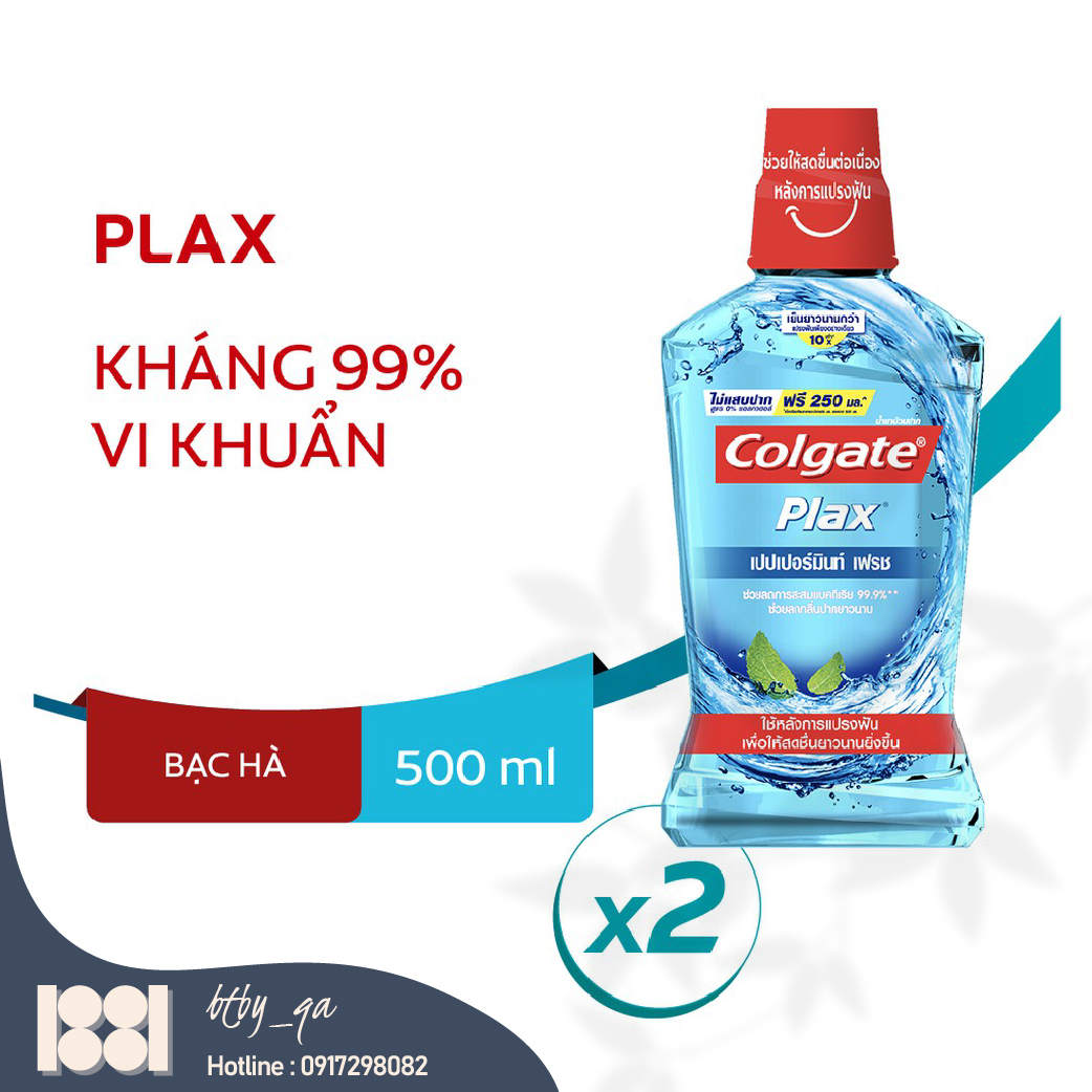 Combo 2 chai Nước súc miệng Colgate Plax không cồn vị Bạc hà 500ml kháng 99% Vi khuẩn