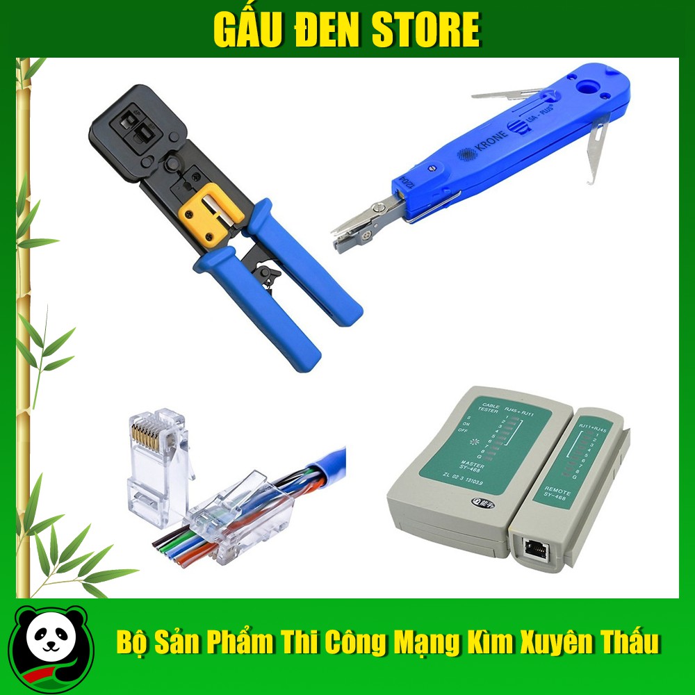Bộ sản phẩm Kìm bấm xuyên thấu + Tool nhấn mạng+ 100 Hạt mạng xuyên thấu RJ45 + Hộp test mạng