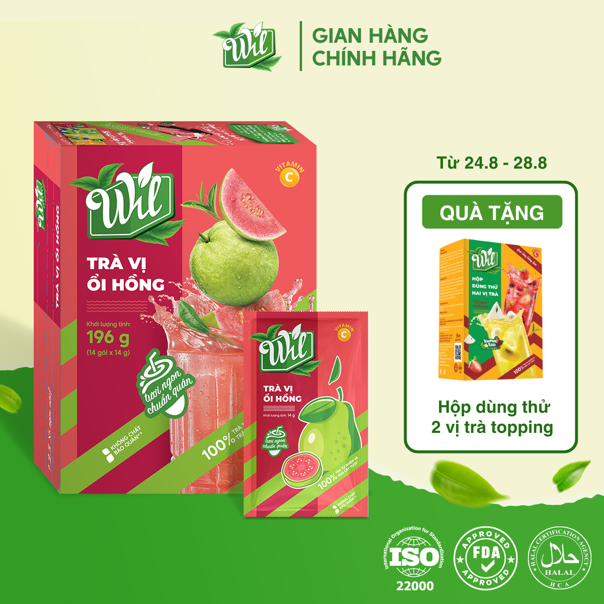 Trà ổi hồng Wil trà trái cây hòa tan bổ sung vitamin c hộp 196g