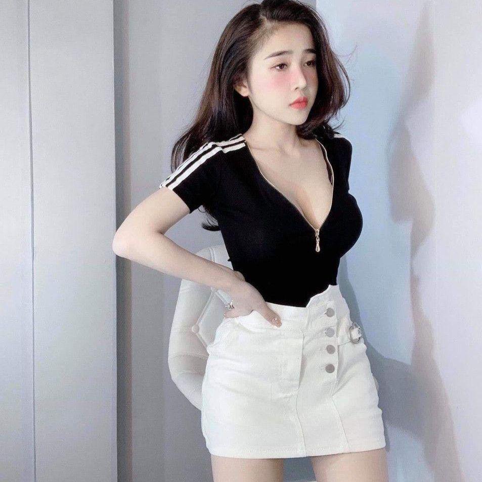 Áo thun ôm body dây kéo ngực tay sọc sexy 11439
