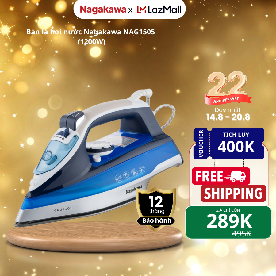 Bàn ủi hơi nước Nagakawa NAG1505, công suất 1200W, dùng cho mọi loại vải, chống dính cao cấp, chế độ ngắt tự động, bảo hành 12 tháng