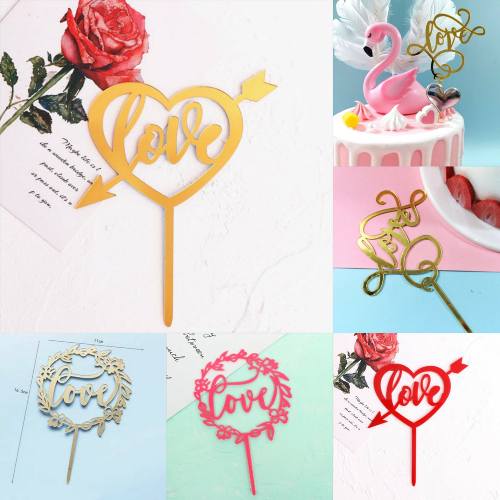 Trang Trí Bánh Sinh Nhật Bánh Kem - Combo 10 Thẻ Meka Love Hoa Lá, Love Xoắn, Love Mũi Tên