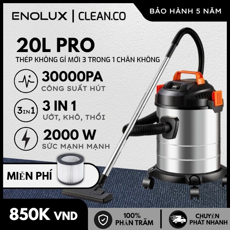 Máy hút bụi hạng nặng 3 trong 1 mới Xi lanh không túi bằng thép không gỉ 20L Làm sạch nhỏ gọn mạnh mẽ (Khô & Ướt & Thổi)