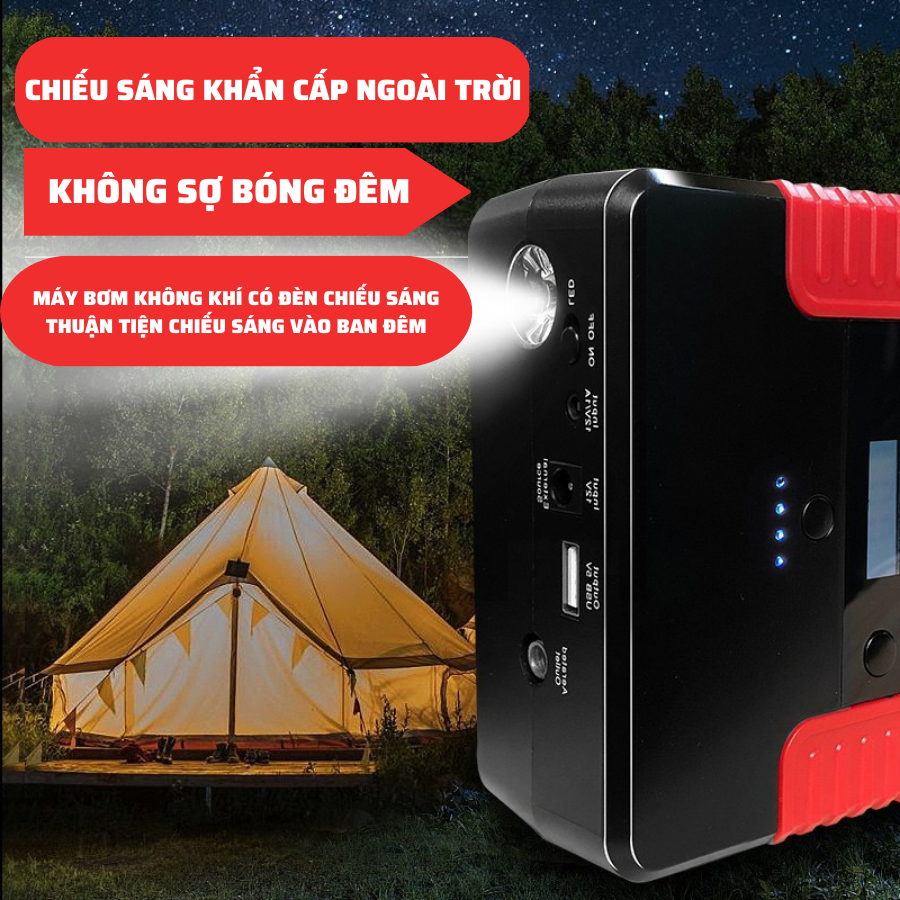 Bộ kích đề nổ ô tô 12v dung lượng lớn, bộ kích điện khởi động khẩn cấp tích hợp bơm lốp điện tử kiêm sạc dự phòng, đèn led sos khẩn cấp