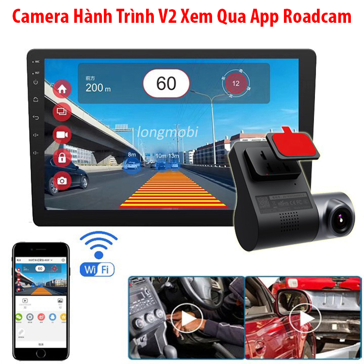 Camera hành trình V2 WiFi- Xem qua App Roadcam- Phần mềm dễ sử dụng có Tiếng Việt- Tự động ghi đè khi thẻ nhớ đầy- Hình ảnh FullHD 1080P Sắc Nét- Ống kính có khả năng xoay 270 độ- Cảnh báo lệch làn đường- Bảo hành 1 đổi 1