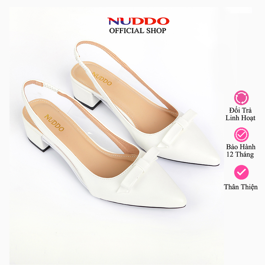 Giày Mũi Nhọn Nữ Đế Vuông 3 Phân, Guốc Hở Gót Dáng Slingback Nữ Đế Thấp 3cm Da Mềm NUDDO N042
