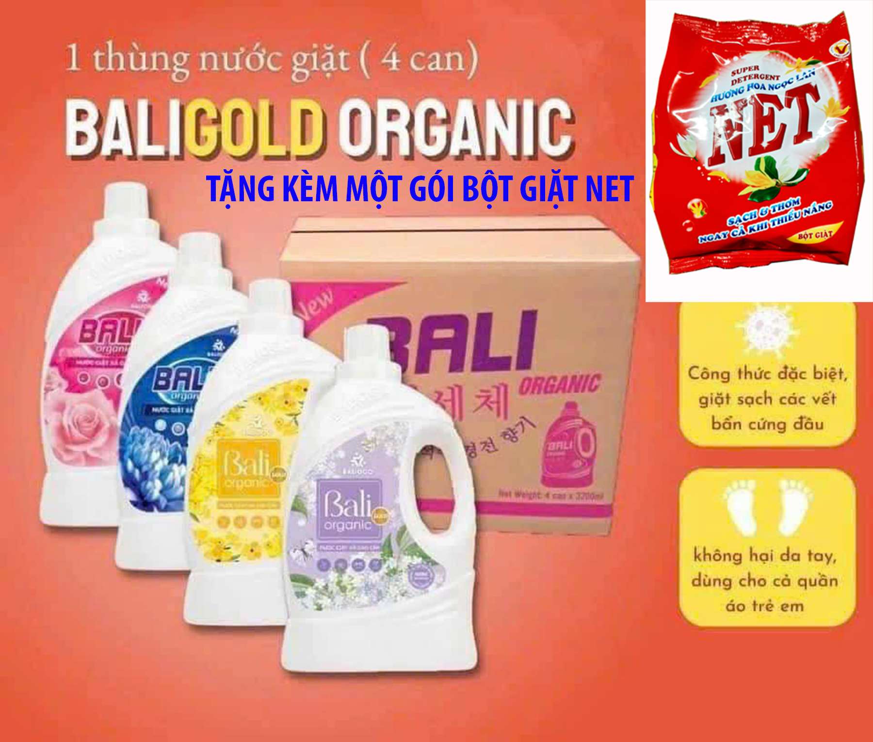 Thùng 4 can Nước Giặt Xả Bali Gold Organic Tặng Kèm Gói Bột Giặt NET 300gr