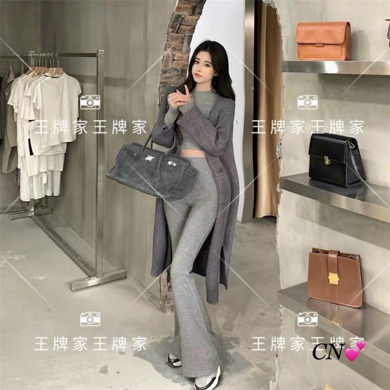 Set len 3 món, áo croptop, quần loe, áo khoác cardigan