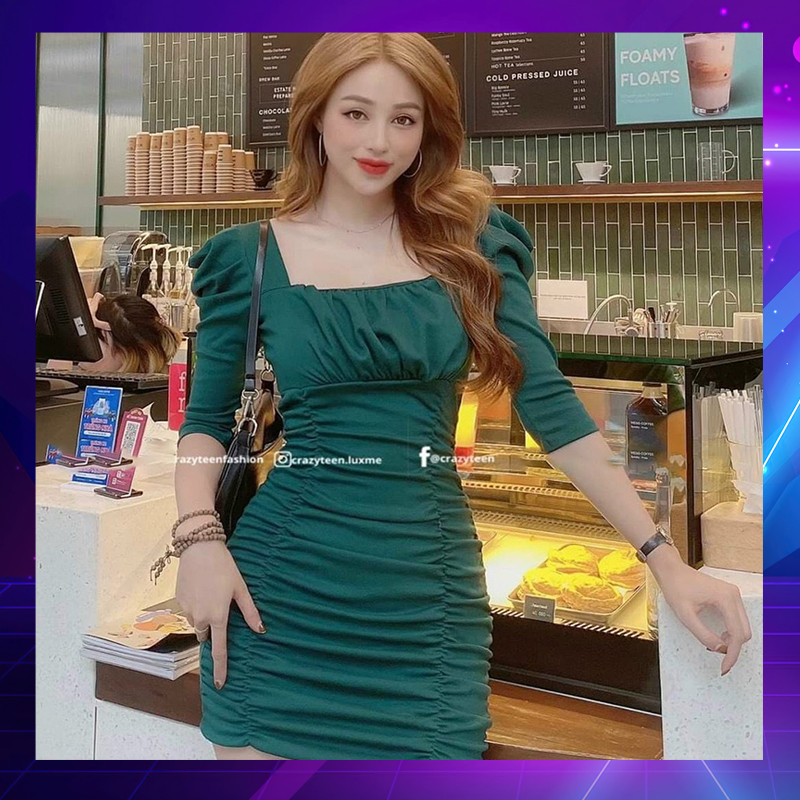 [HCM]Đầm Body Tay Phồng Nhún 2 Bên thời trang Hoa Anh Đào chất liệu Umi kiểu tay voan kết nơ xinh xắn dễ thương one size từ 42 - 55kg