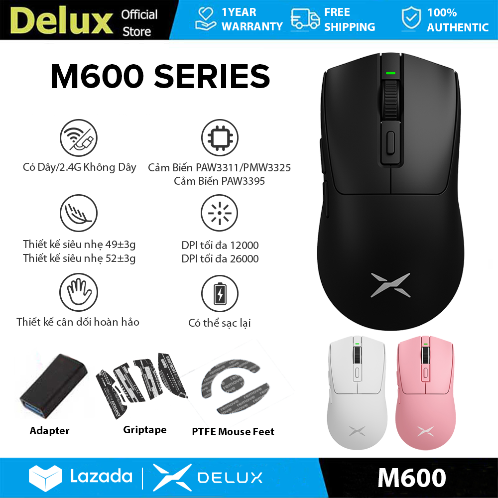 Delux M600 Series Chuột chơi game có dây & không dây có thể sạc lại MAX 26000 dpi PAW3395 PAW3311 PM