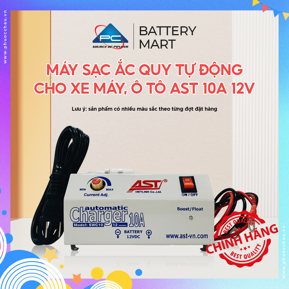Sạc Ắc Quy Tự Động AST 10A 12V, Bộ sạc bình ắc quy từ 3ah - 200ah, sạc bình ắc quy cho xe máy, ô tô