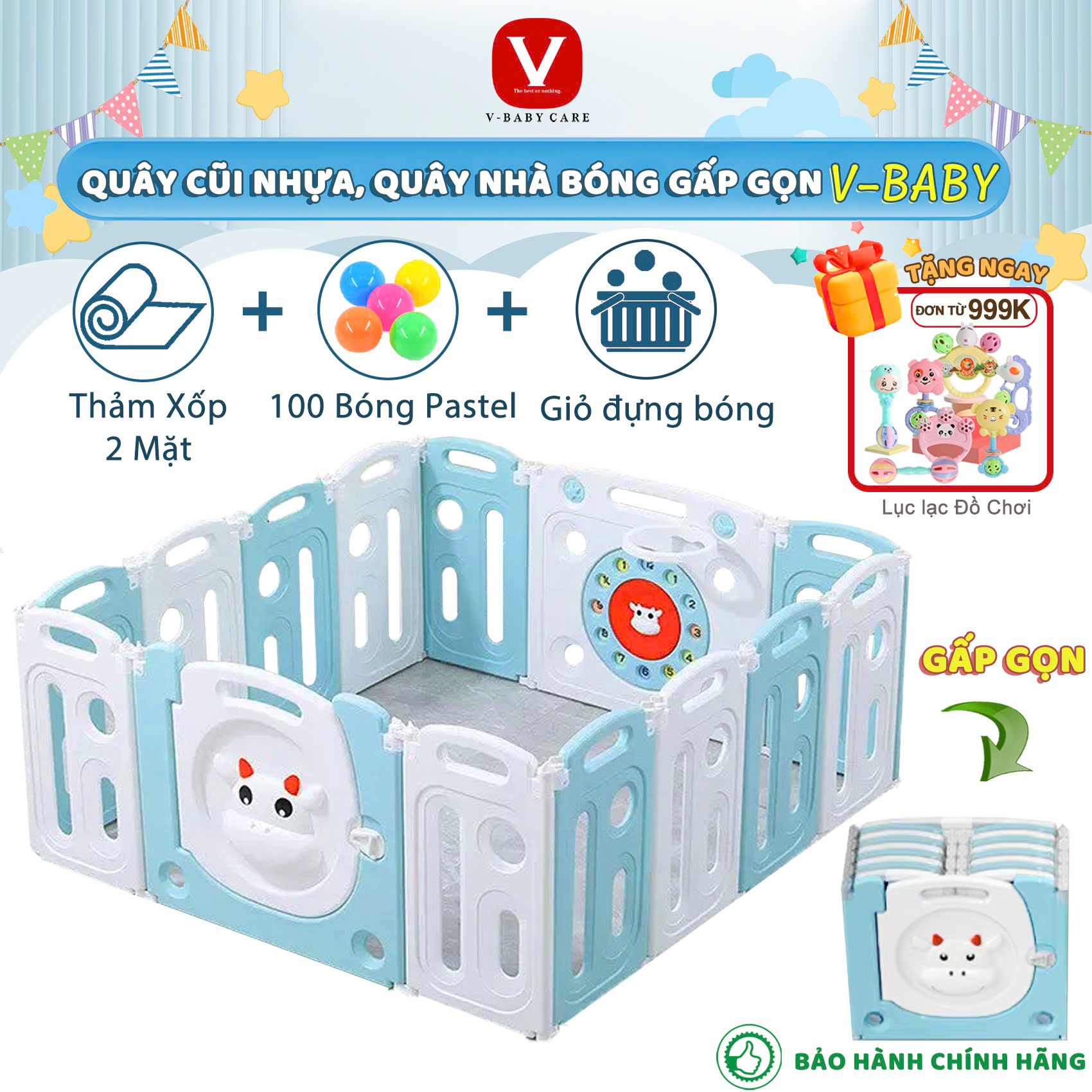 Quây Cũi Nhựa Gấp Gọn V-BABY 2025 (Tặng Bóng + 1 Thảm Hai Mặt + Giỏ Đựng Bóng)