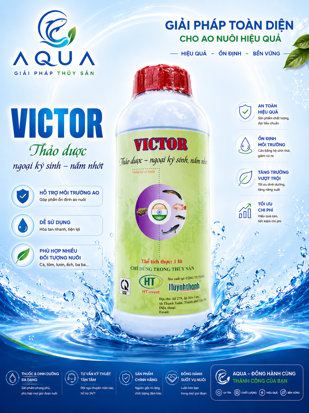 VICTOR Giải Pháp Ao Nuôi Sạch Hỗ Trợ Ngoại Ký Sinh Nấm Nhớt Thủy Sản 1L