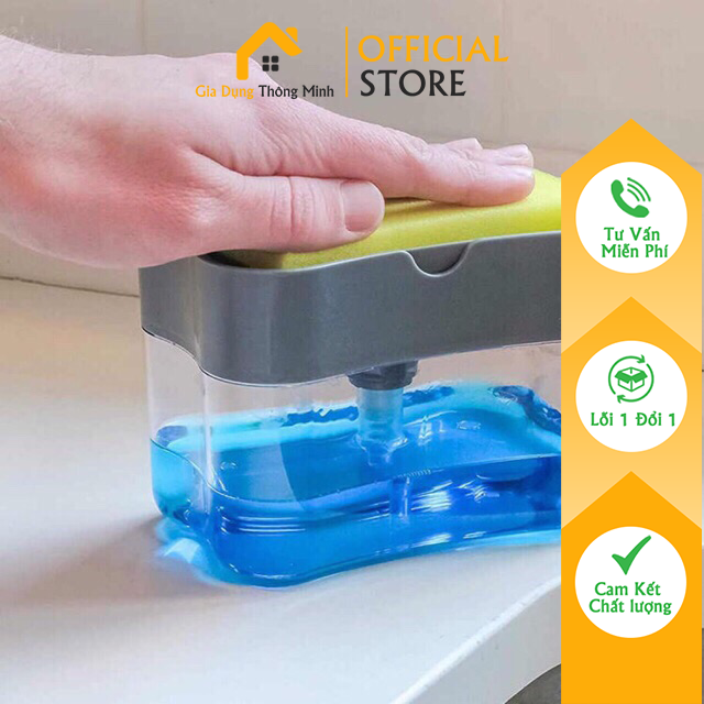 Hộp đựng nước rửa chén bát có vòi bơm và khay đựng miếng rửa chén 2in1
