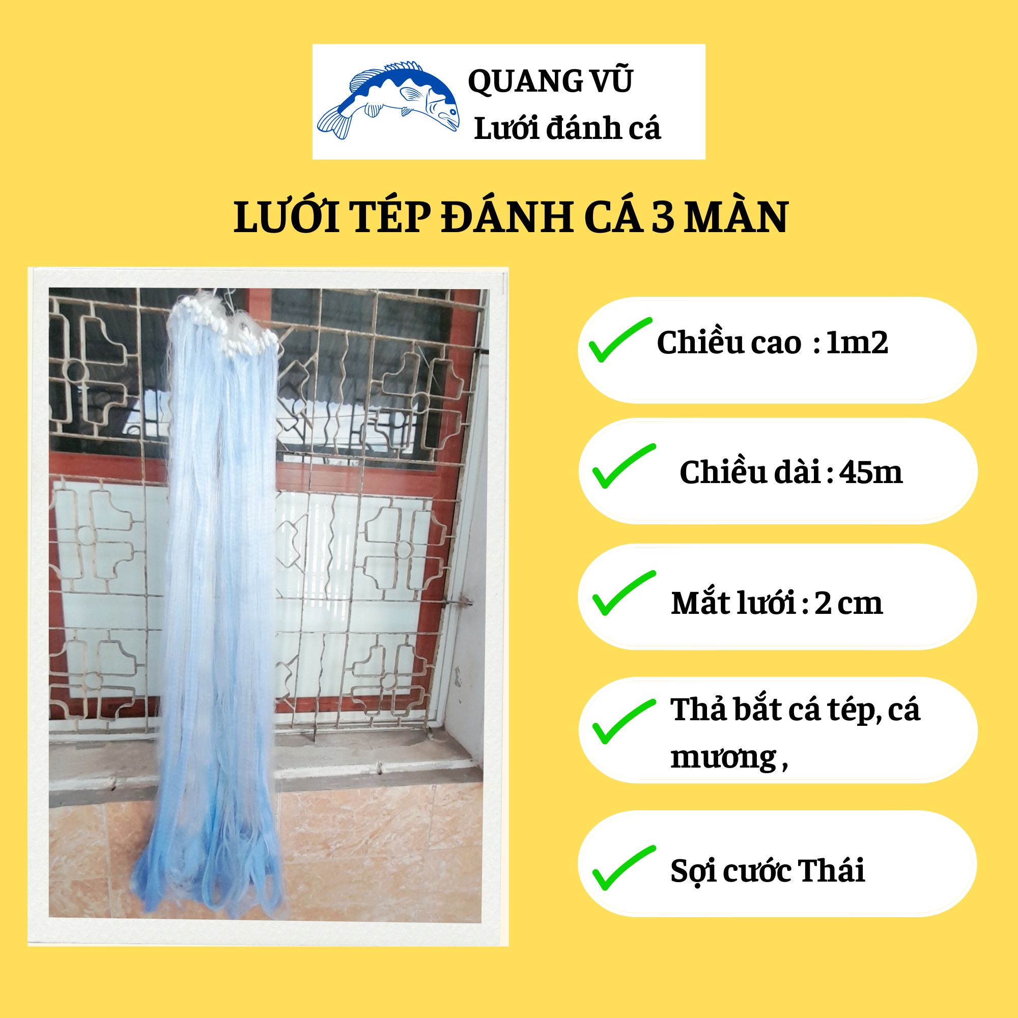 Lưới bắt cá sông 3 màn Thái Lan cao 1m2 dài 45m mắt lưới 2 cm thả đánh bắt cá tép, cá mương, cá lòng tong ở sông hồ ao suối