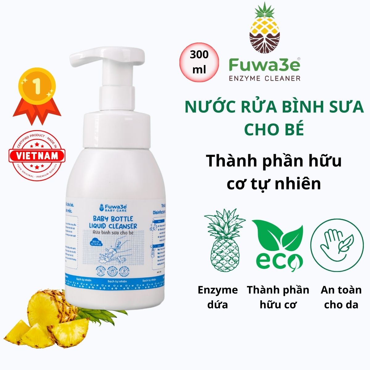 Nước rửa bình sữa hữu cơ cho bé fuwa3e 300ml, 100% enzyme dứa và hữu cơ,lành tính an toàn