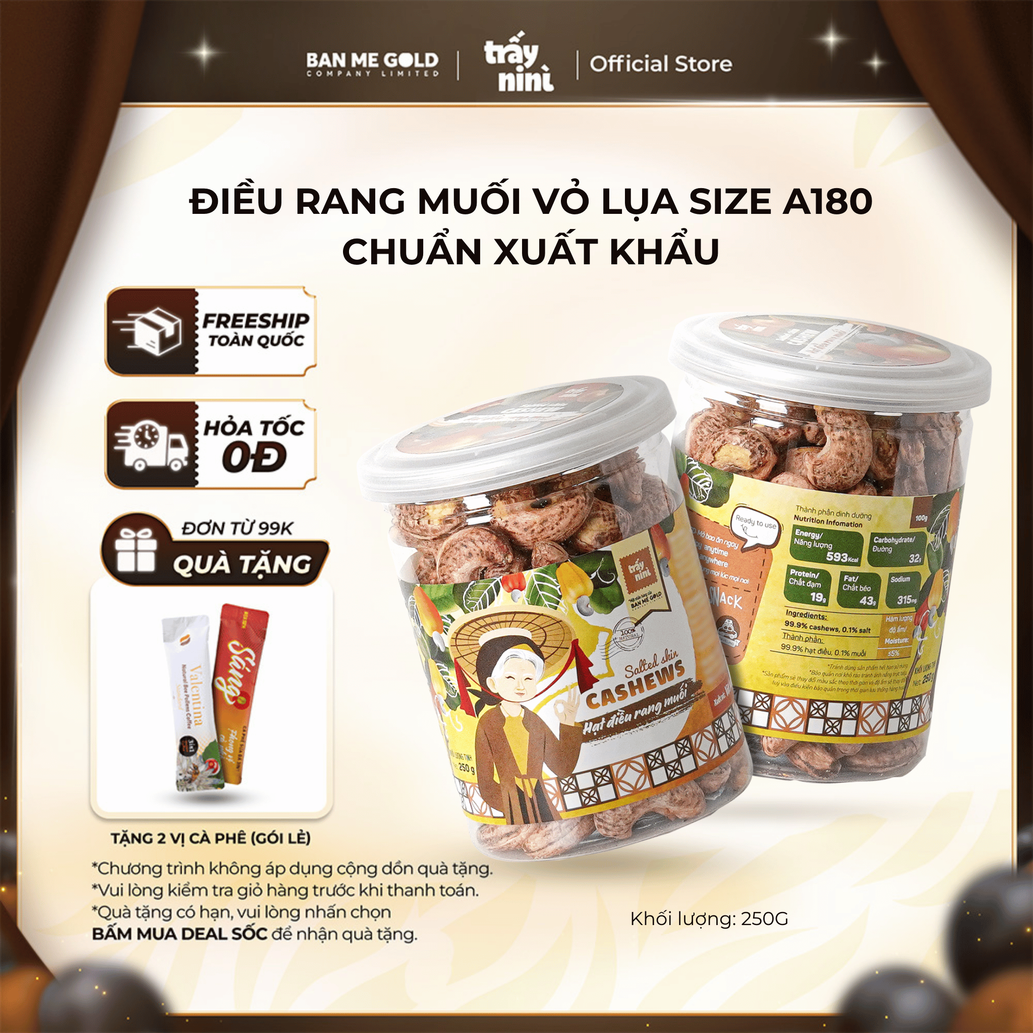 TẶNG QUÀ Hạt Điều Rang Muối Vỏ Lụa Size A180 - 100% Hạt Chuẩn Xuất Khẩu Giàu Dinh Dưỡng Chính Hãng Trấy Nini - Ban Me Gold