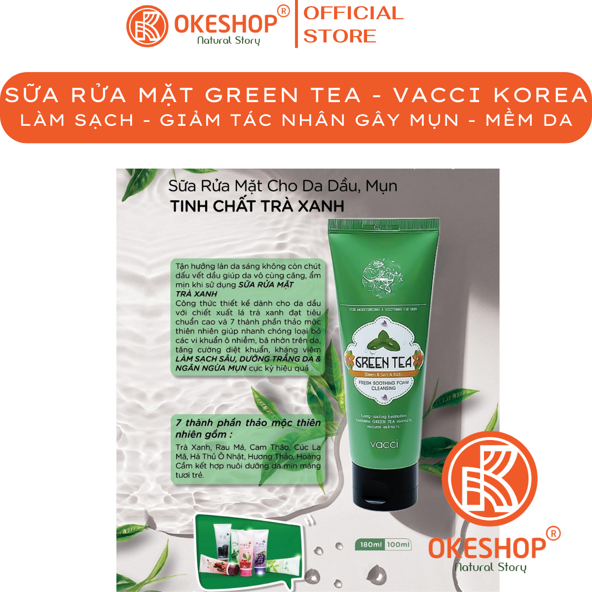 Sữa rửa mặt vacci - tinh chất trà xanh - green tea fresh soothing foam cleansing 180ml - làm sạch da - cải thiện dầu trên da