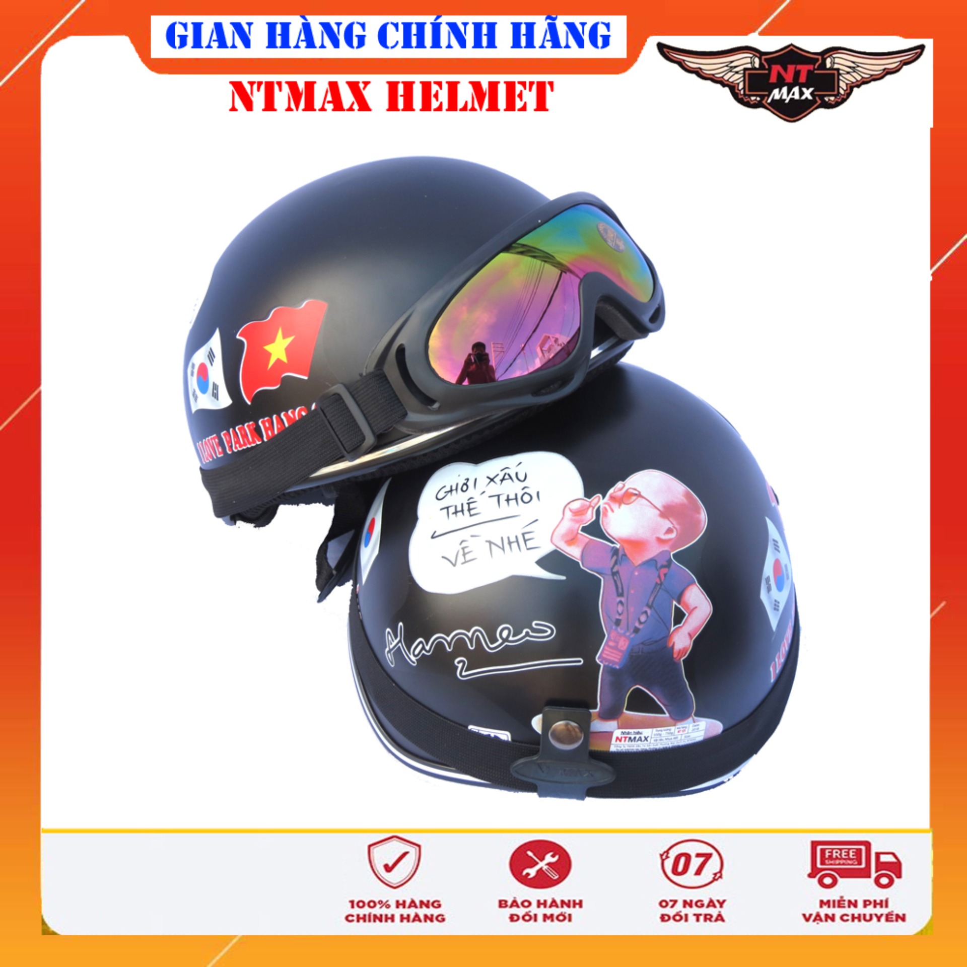 Mũ bảo hiểm NTMAX 1/2 chi bi Park Hang Seo kính uv400 + kính phi công