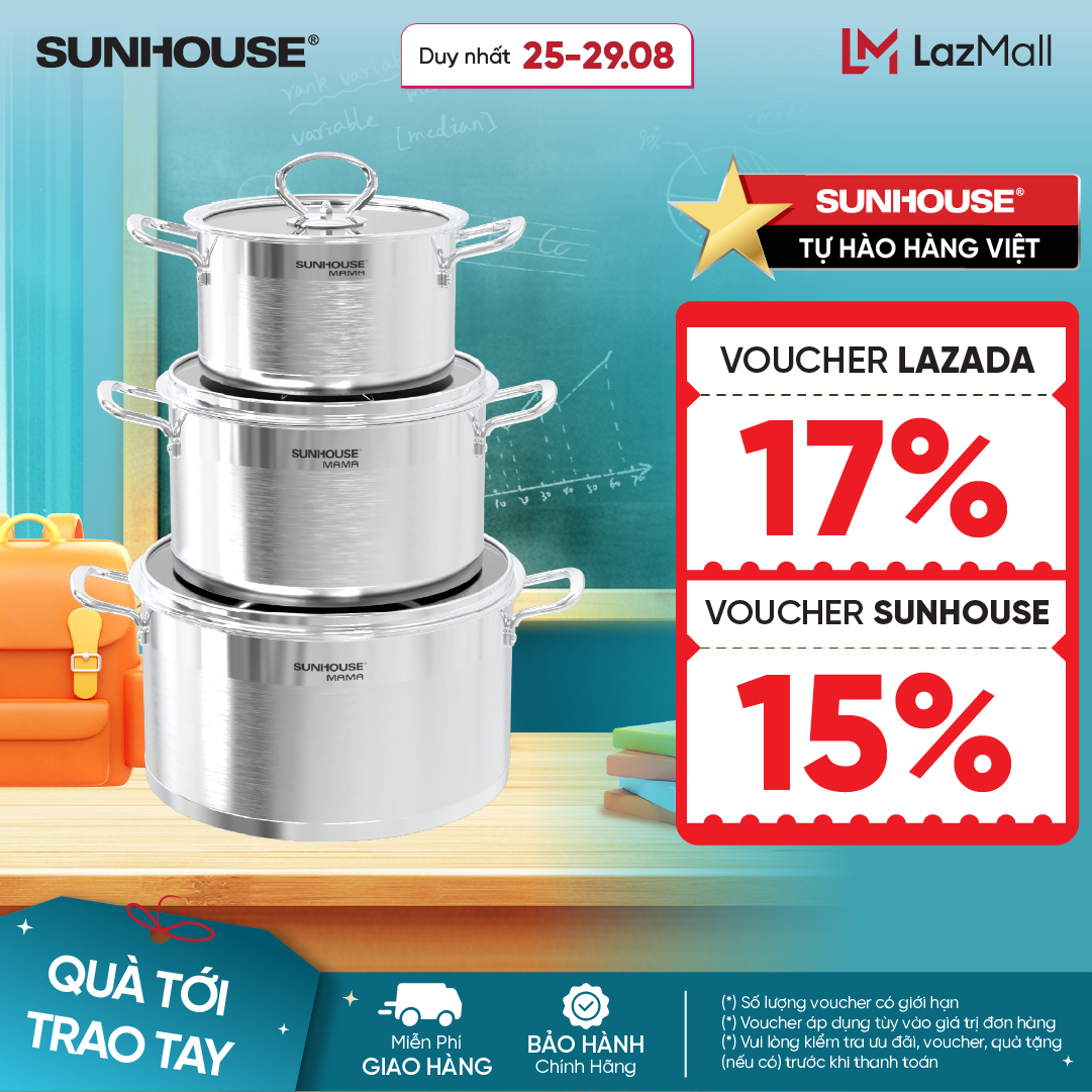 Bộ nồi inox 5 đáy - Dùng được với mọi loại bếp Sunhouse Mama SH784 - 5 lớp đáy tỏa nhiệt đều, giữ nhiệt lâu, hạn chế cháy khét- Đường kính lòng nồi 16 – 20 – 24cm